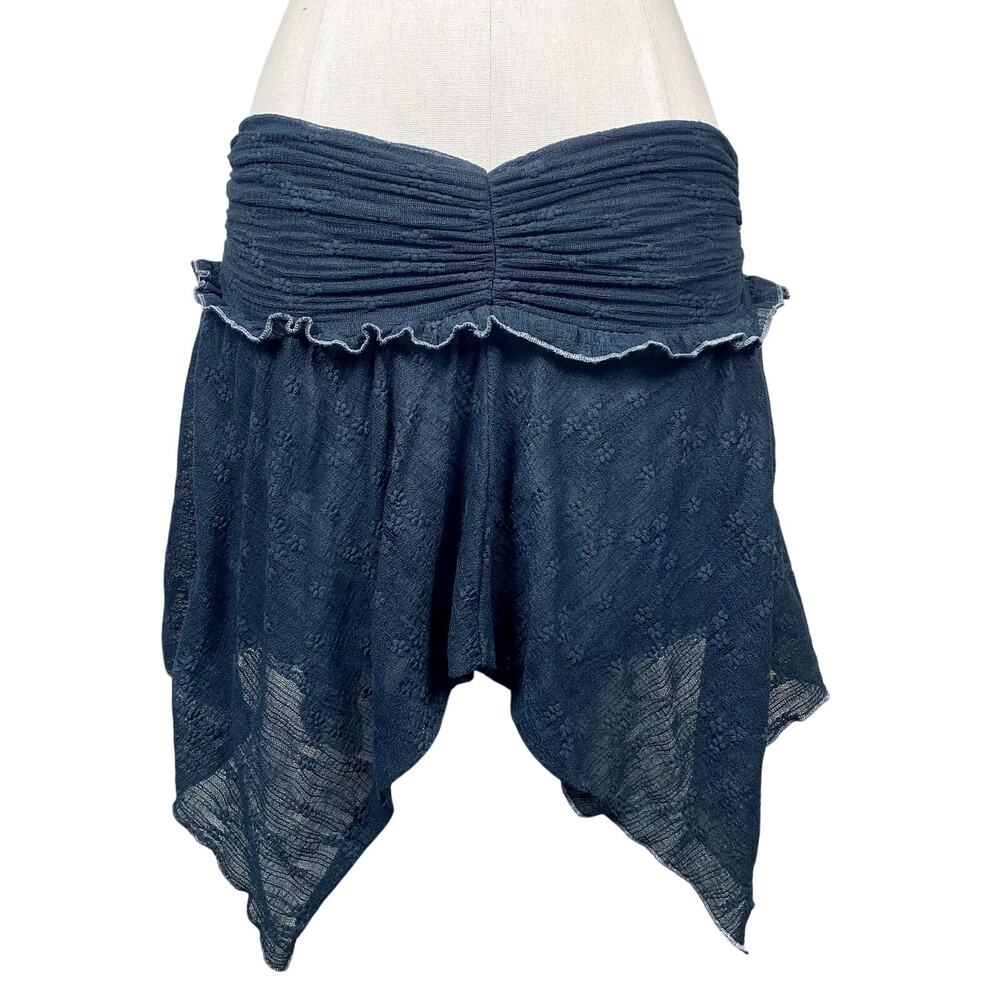 Fairycore Ruched Blue Asymmetrical Boho Hippie Ruffle Lace Layered Mini Skirt M